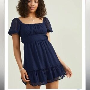 Altar'd State Navy Mini Dress with Puff Sleeves